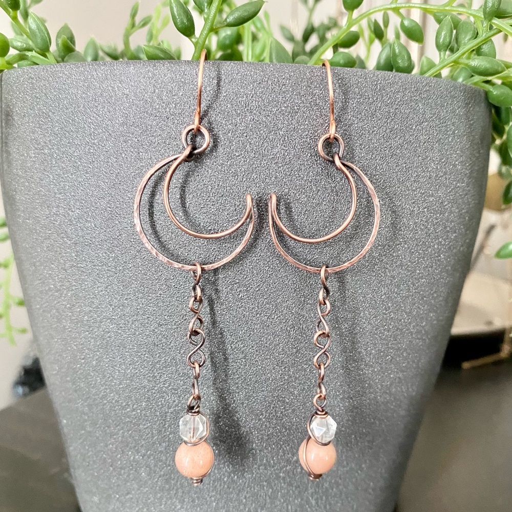 Handcrafted Hammered Copper Crescent Moon Earrings with Moonstone & Clear Quartz
